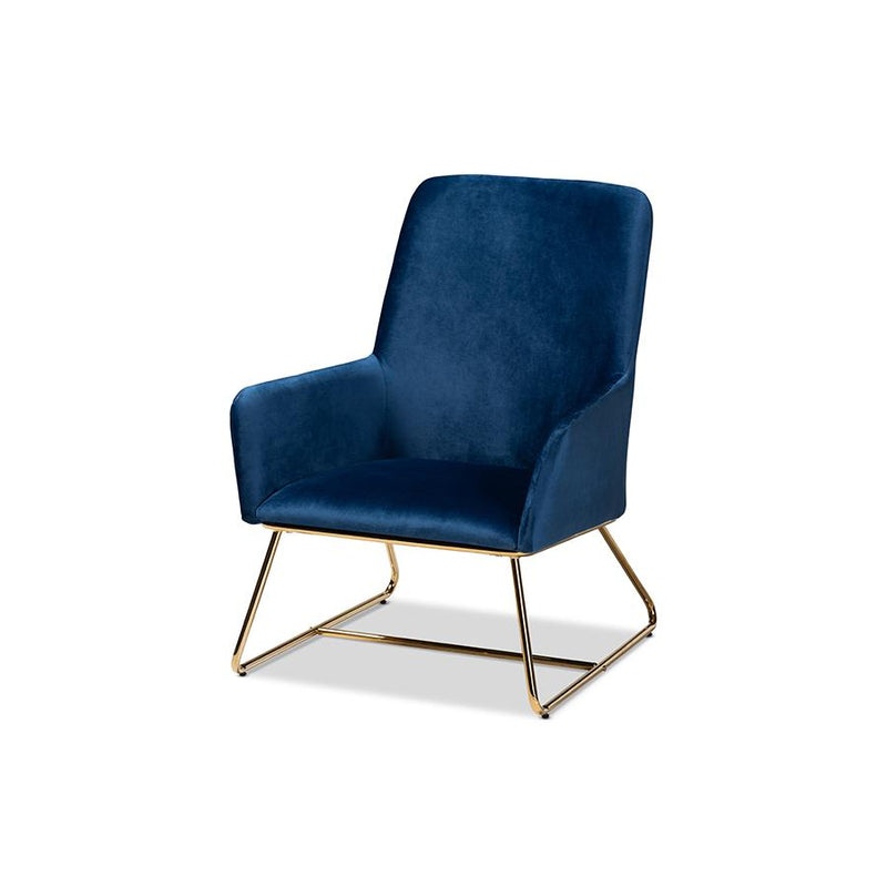 Sennet Glam and Luxe Navy Blue Velvet Fabric Upholstered Gold Finished Armchair