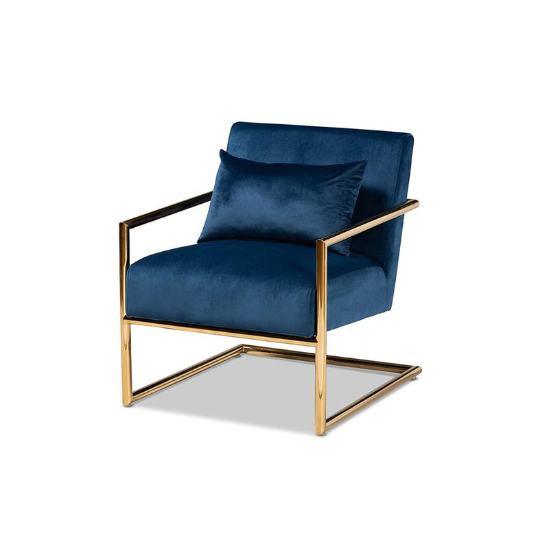 Luxe Navy Blue Velvet Fabric Upholstered Gold Finished Metal Lounge Chair