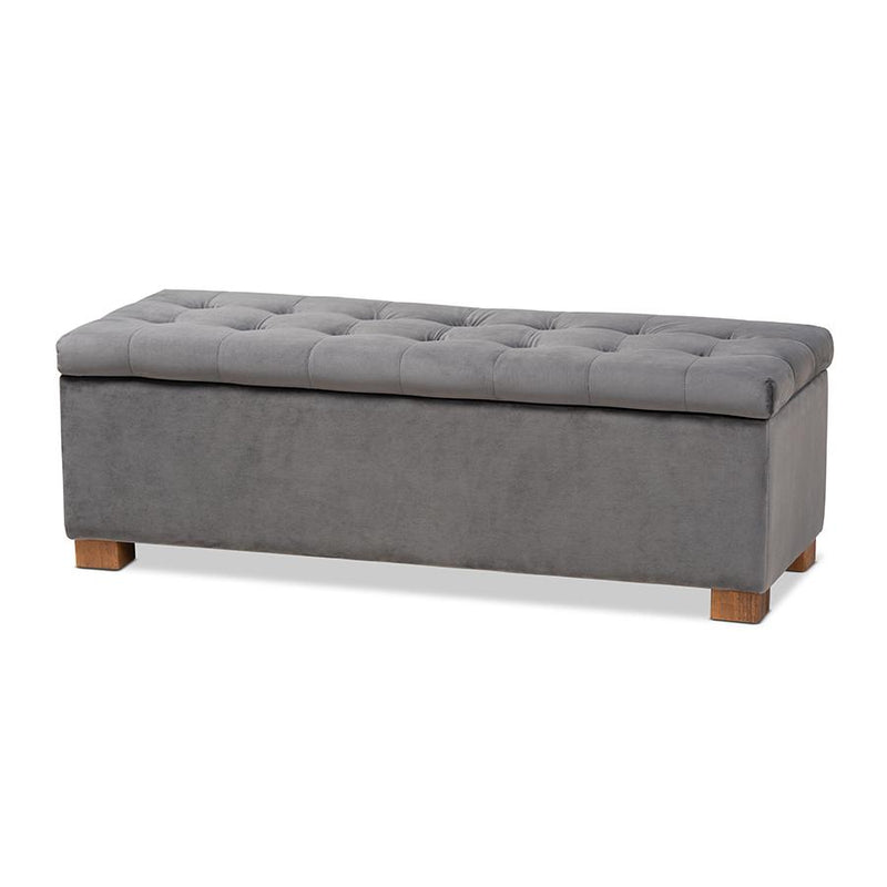 Grey Velvet Fabric Upholstered Grid-Tufted Storage Ottoman Bench