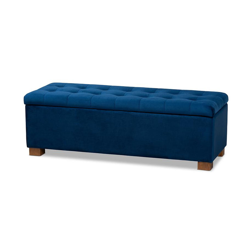 Navy Blue Velvet Fabric Upholstered Grid-Tufted Storage Ottoman Bench