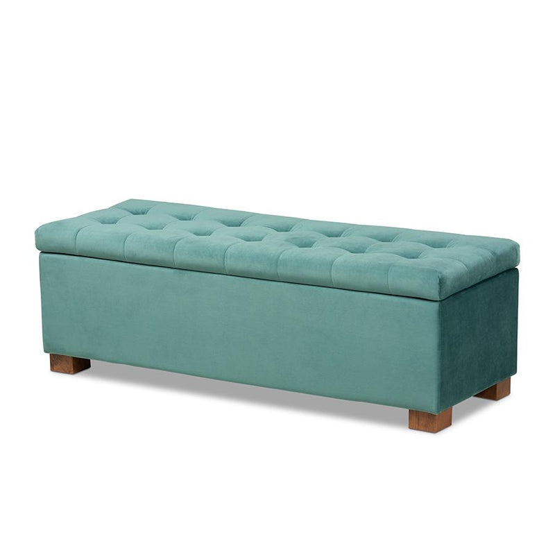 Teal Blue Velvet Fabric Upholstered Grid-Tufted Storage Ottoman Bench