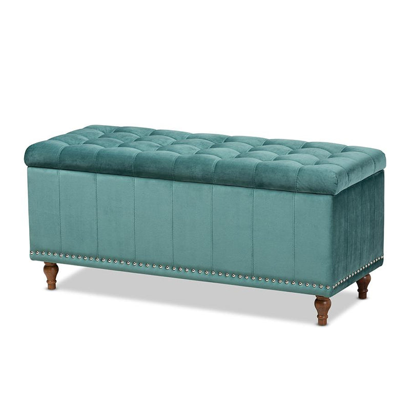 Teal Blue Velvet Fabric Upholstered Button-Tufted Storage Ottoman Bench