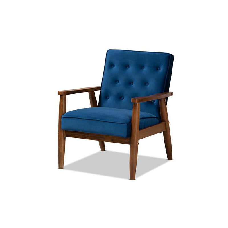 Navy Blue Velvet Fabric Upholstered Walnut Finished Wooden Lounge Chair