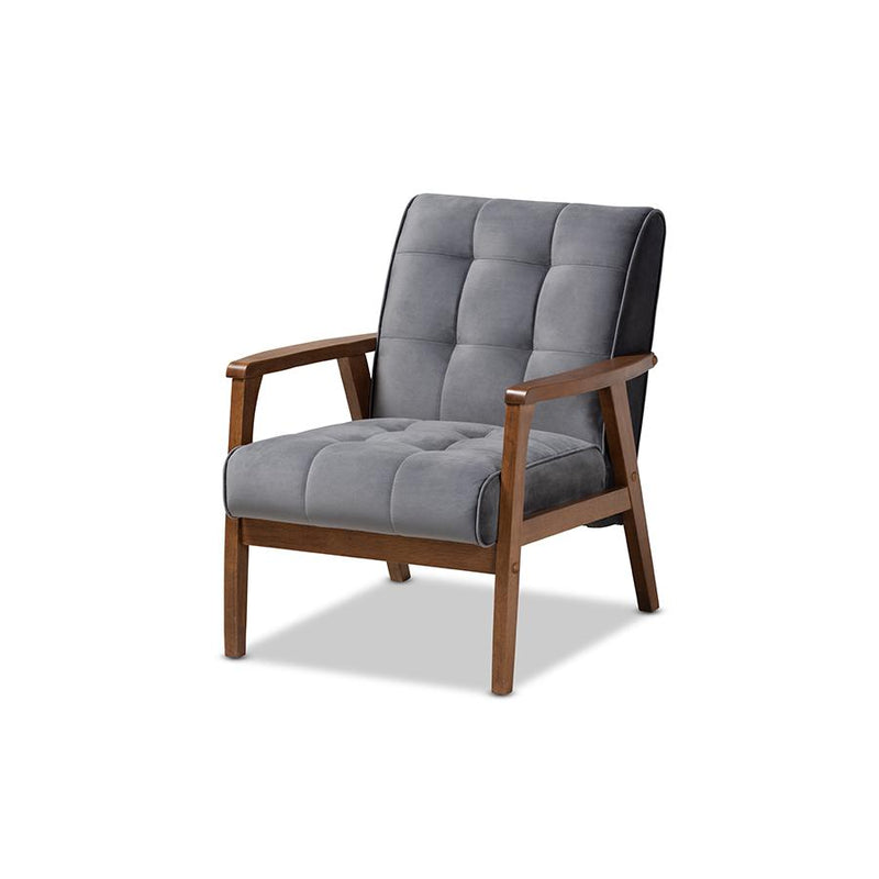 Grey Velvet Fabric Upholstered Walnut Finished Wood Armchair