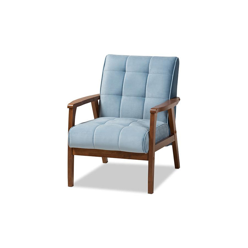 Light Blue Velvet Fabric Upholstered Walnut Finished Wood Armchair