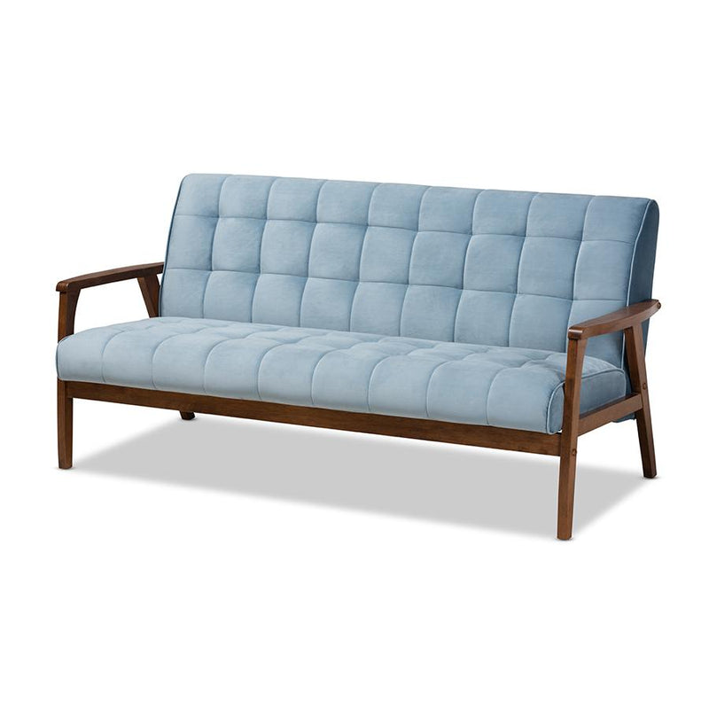 Light Blue Velvet Fabric Upholstered Walnut Finished Wood Sofa