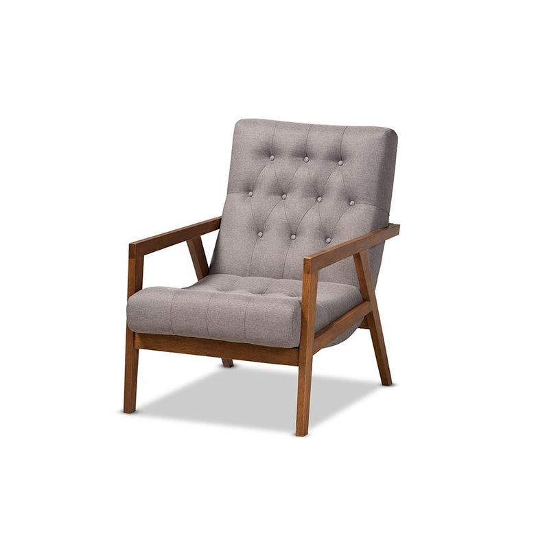 Naeva Mid-Century Modern Grey Fabric Upholstered Walnut Finished Wood Armchair