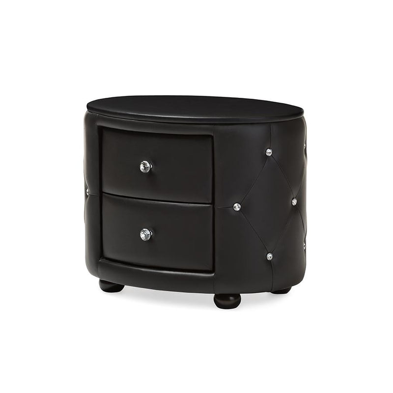 Glamour Style Oval 2-drawer Black Faux Leather Upholstered Nightstand