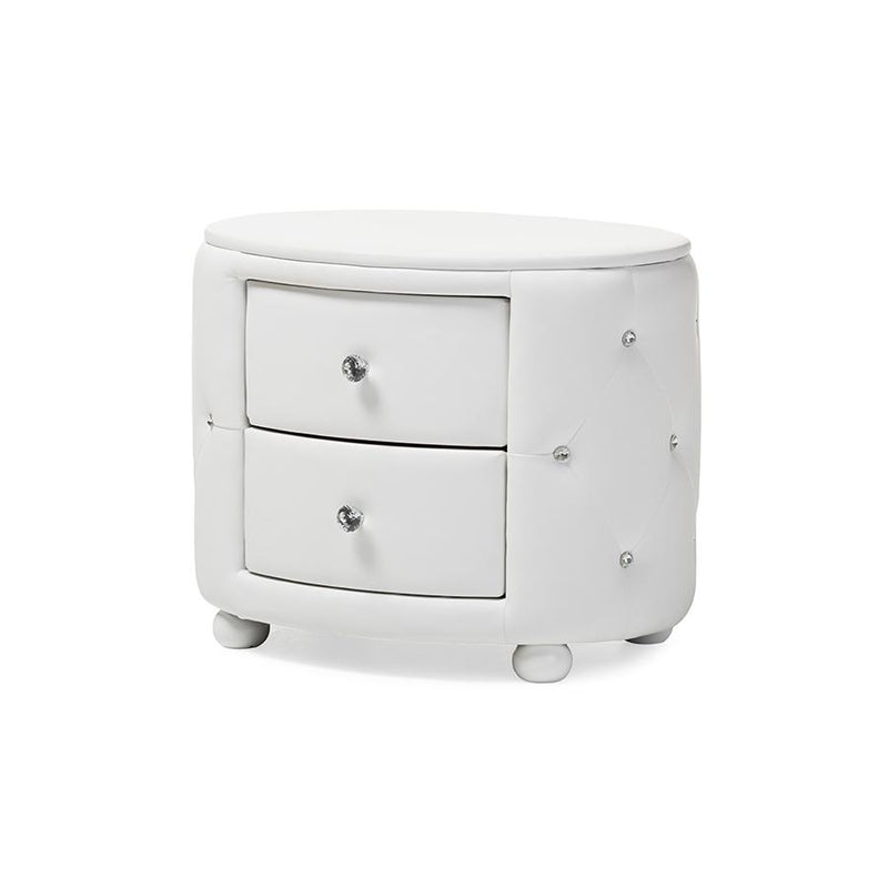 Glamour Style Oval 2-drawer White Faux Leather Upholstered Nightstand