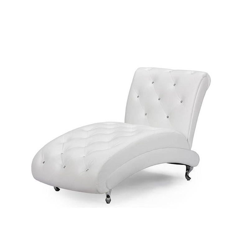 White Faux Leather Upholstered Crystal Button Tufted Chaise Lounge