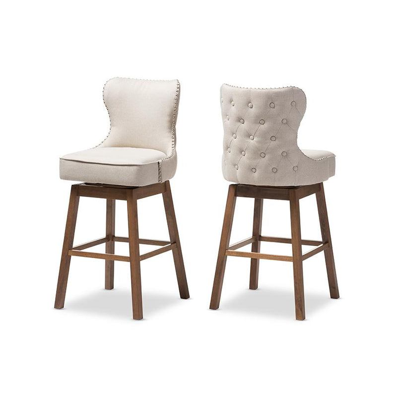 Light Beige Fabric Button-Tufted Upholstered 2-Piece Swivel Barstool Set