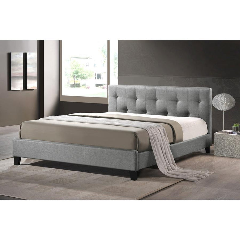 Annette Gray Linen Modern Bed with Upholstered Headboard - Queen Size