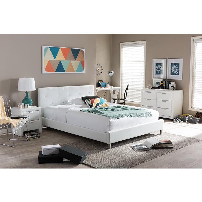 Barbara White Modern Bed with Crystal Button Tufting (Queen Size)