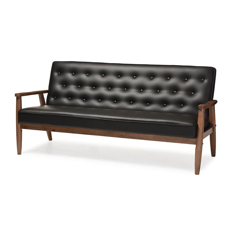 Mid-century Retro Modern Black Faux Leather Upholstered Wooden 3-seater Sofa