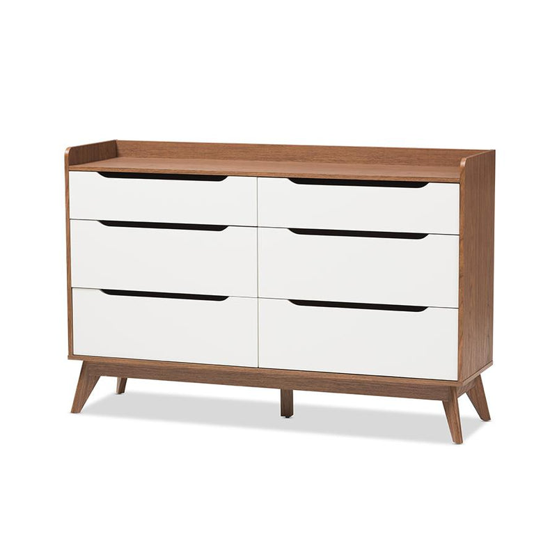 Brighton Mid-Century Modern White and Walnut Wood 6-Drawer Storage Dresser