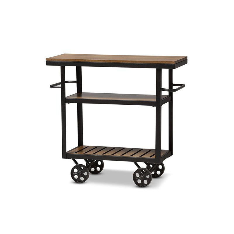 Antique Black Textured Finished Metal Distressed Wood Mobile Serving Cart