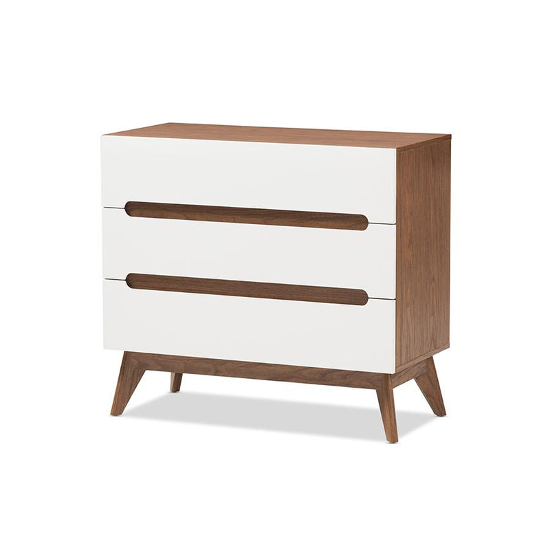 Calypso Mid-Century Modern White and Walnut Wood 3-Drawer Storage Chest