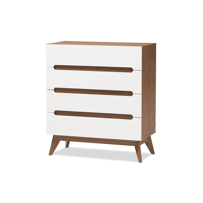 Calypso Mid-Century Modern White and Walnut Wood 4-Drawer Storage Chest