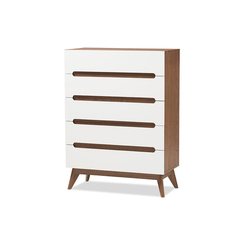 Calypso Mid-Century Modern White and Walnut Wood 5-Drawer Storage Chest