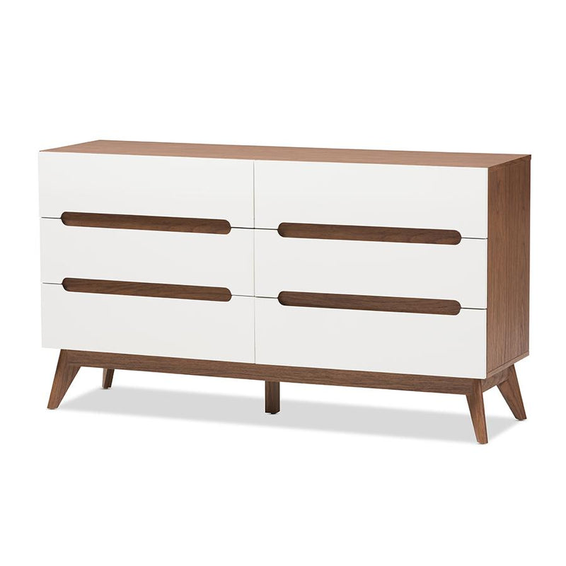 Calypso Mid-Century Modern White and Walnut Wood 6-Drawer Storage Dresser