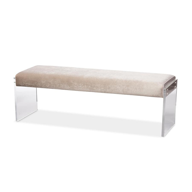 Beige Microsuede Fabric Upholstered Lux Bench with Paneled Acrylic Legs