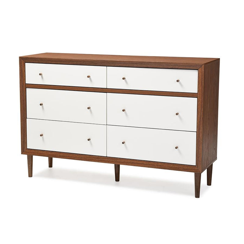 Scandinavian Style White and Walnut Wood 6-drawer Storage Dresser