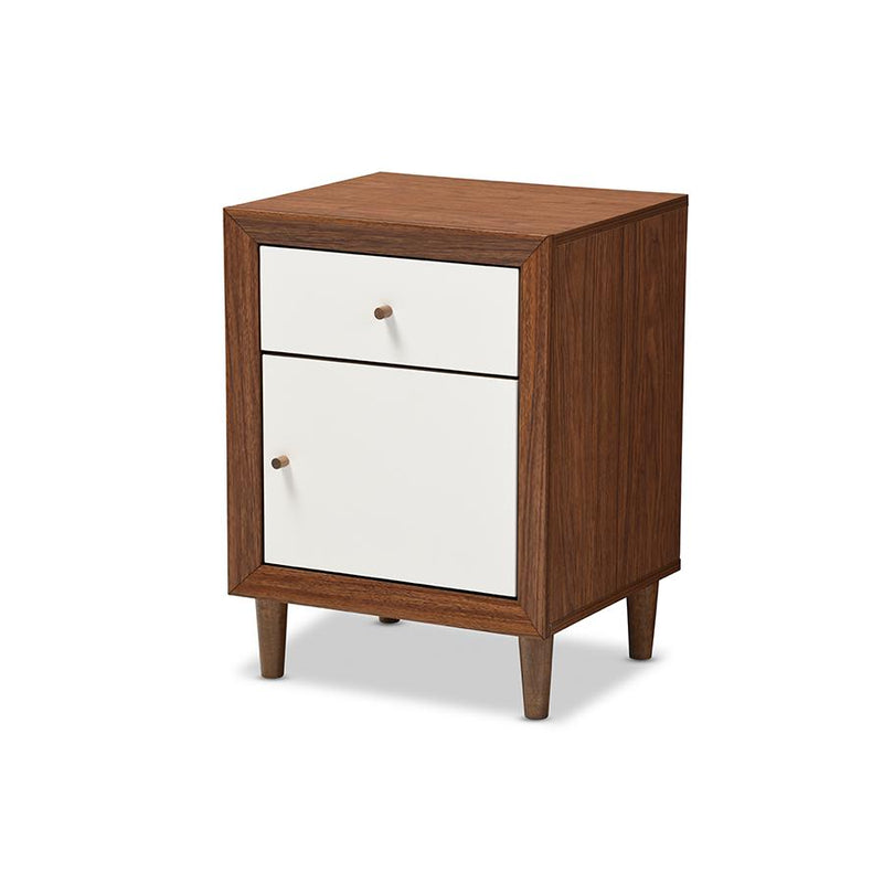 Scandinavian Style White and Walnut Wood 1-drawer and 1-door Nightstand