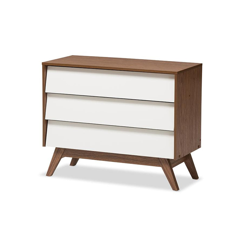 Hildon Mid-Century Modern White and Walnut Wood 3-Drawer Storage Chest