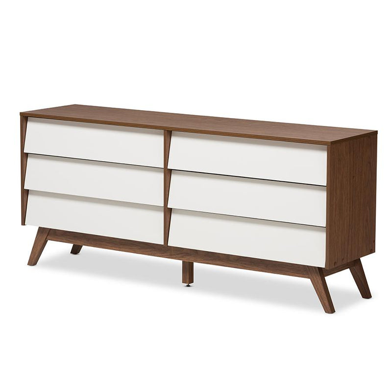 Hildon Mid-Century Modern White and Walnut Wood 6-Drawer Storage Dresser