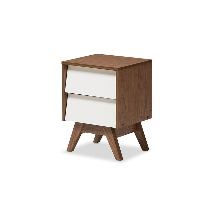 Hildon Mid-Century Modern White and Walnut Wood 2-Drawer Storage Nightstand