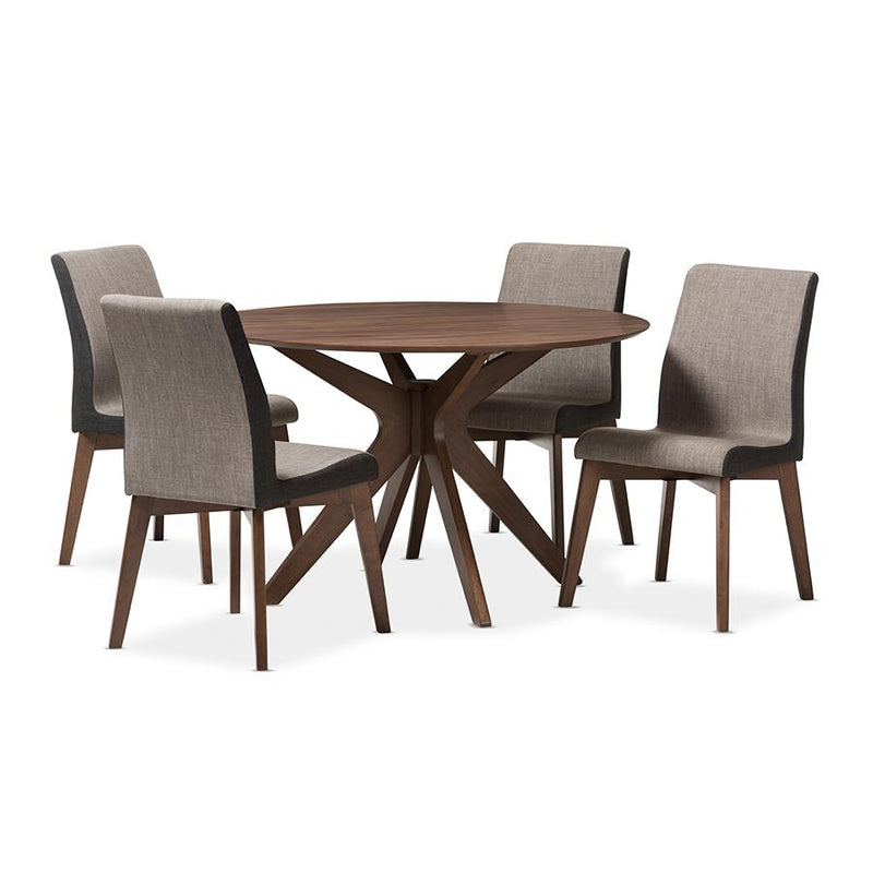 Baxton Studio Kimberly Mid-Century Modern Walnut Wood Round 5-Piece Dining Set