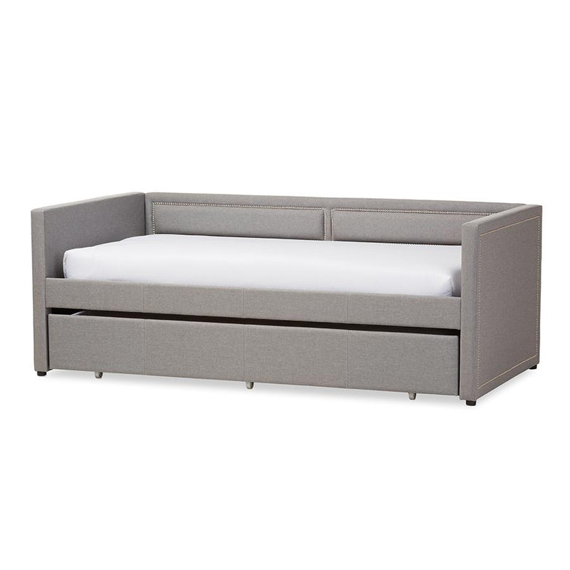 Grey Fabric Nail Heads Trimmed Sofa Twin Daybed with Roll-Out Trundle Guest Bed