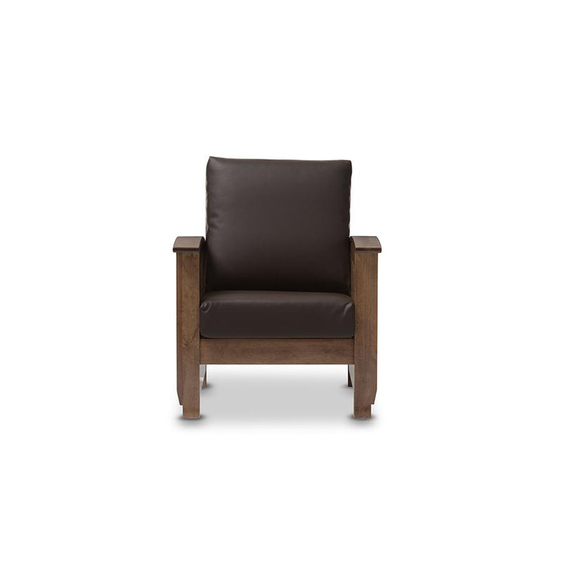 Walnut Brown Wood and Dark Brown Faux Leather 1-Seater Lounge Chair