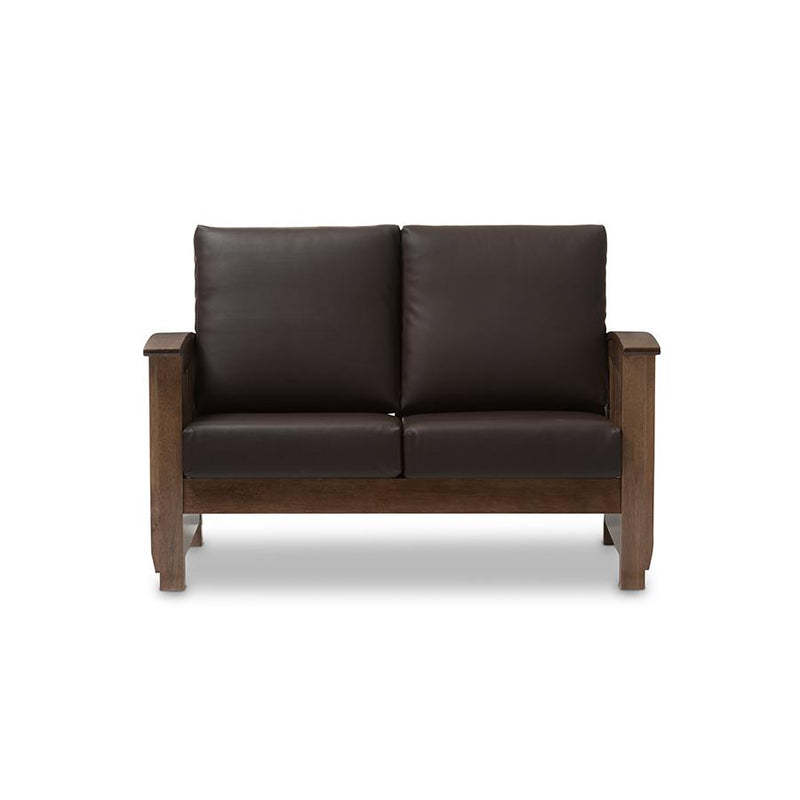 Walnut Brown Wood and Dark Brown Faux Leather 2-Seater Loveseat