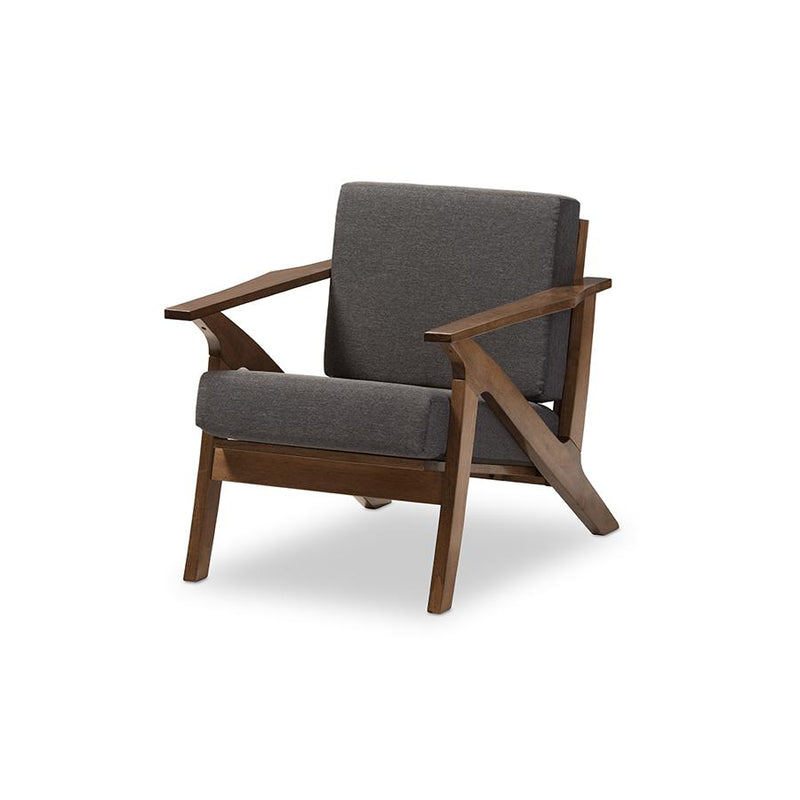 Grey Fabric and "Walnut" Brown Wood Living Room 1-Seater Lounge Chair