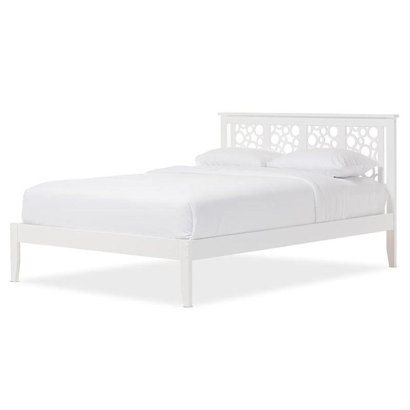 Geometric Pattern White Solid Wood Queen Size Platform Bed