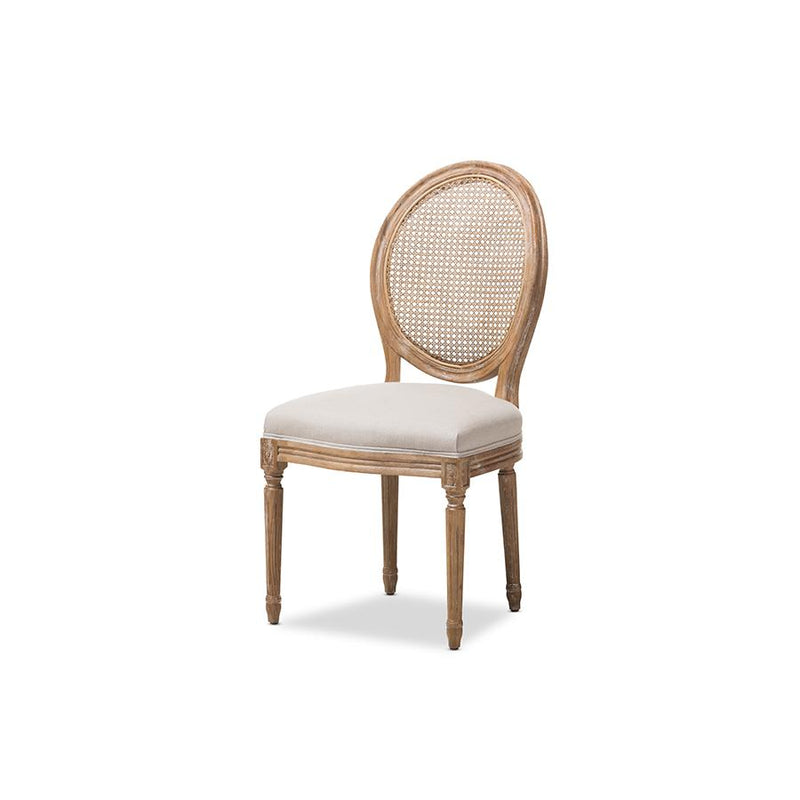 Beige Fabric Upholstered Dining Side Chair with Round Cane Back