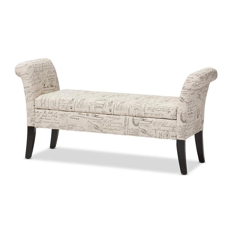 Avignon Script-Patterned French Laundry Fabric Storage Ottoman Bench