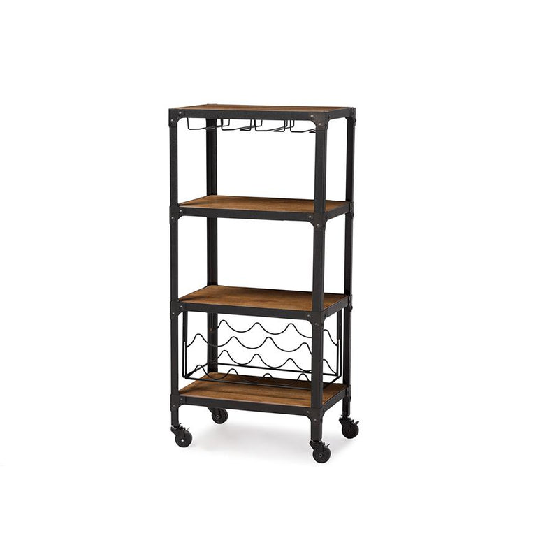 Textured Finish Metal Distressed Wood Mobile Kitchen Bar Wine Storage Shelf