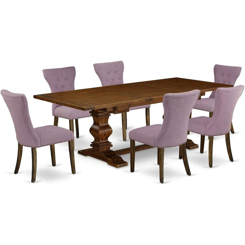 7 Piece Dining Table Set Consist of a Rectangle Wooden Table with Removable Leaf and 6 Dahlia Linen Fabric Parson Dining Chairs, 42x92 Inch, Walnut