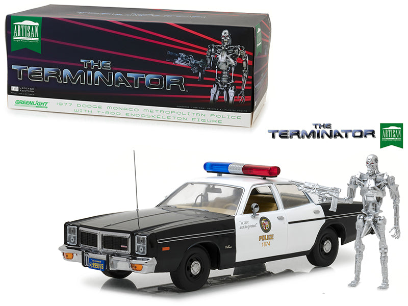 1977 Dodge Monaco Metropolitan Police with T-800 Endoskeleton Figurine "The Terminator" (1984) Movie 1/18 Diecast Model Car by Greenlight