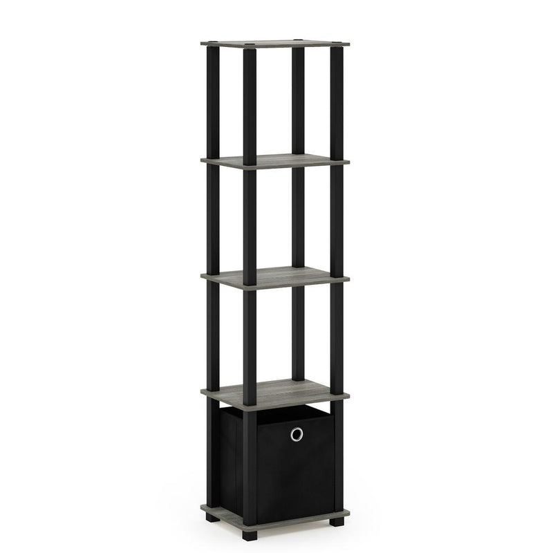 Furinno TNT No Tools 5-Tier Display Decorative Shelf with One Bin, French Oak Grey/Black/Black