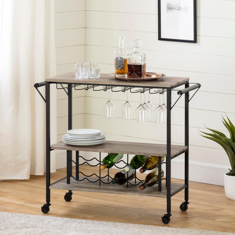 Munich Bar Cart with Wine Rack, Weathered Oak and Matte Black