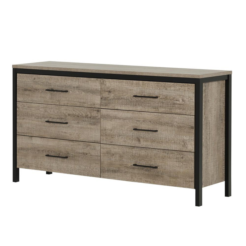 Munich 6-Drawer Double Dresser, Weathered Oak and Matte Black