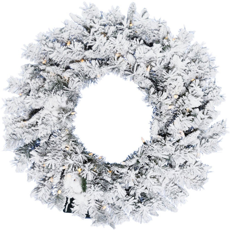 CT 24" White Pine Snowy Wreath, WW LED Lights, Battery Operated