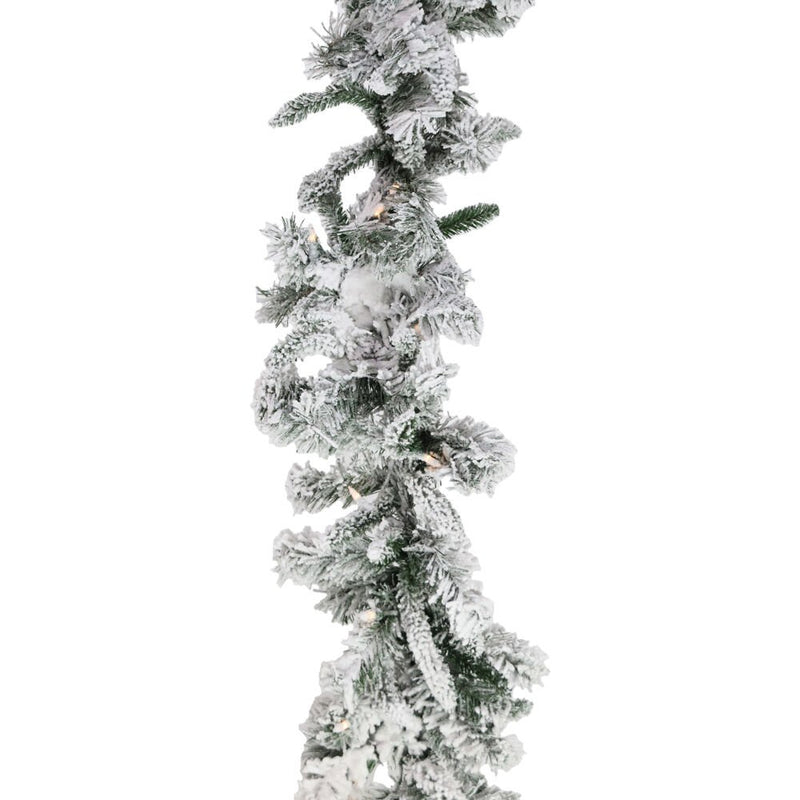 CT 9' White Pine Snowy Garland, WW LED Lights, Battery Operated