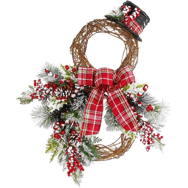 22" Holly/Burlap Bow/Snowy Pine Grapevine Wreath Snowman