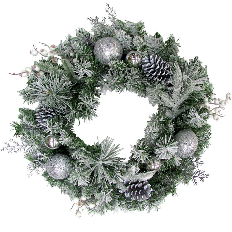 24" Glitter Berry/Sugar Ball Snowy Wreath on Mixed Pine