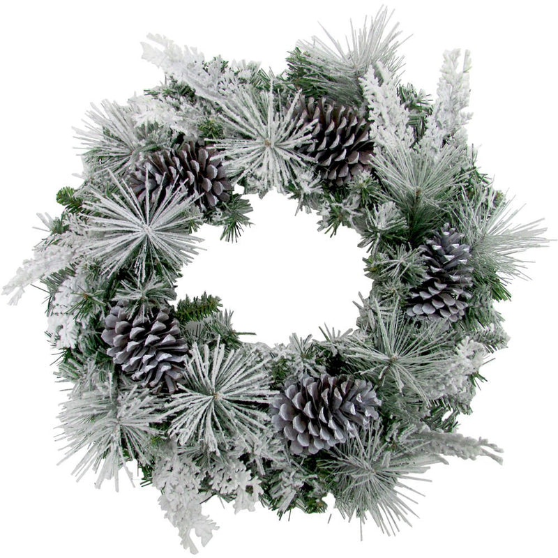 24" Mixed Pine/Pinecone Snowy Wreath