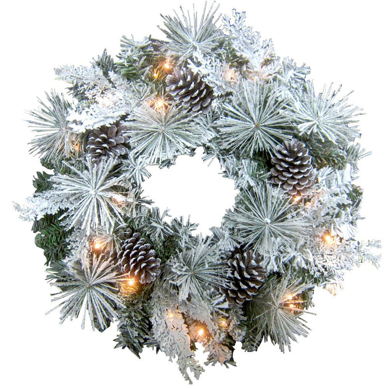 24" Mixed Pine/Pinecone Snowy Wreath, BO LED Lights/Timer